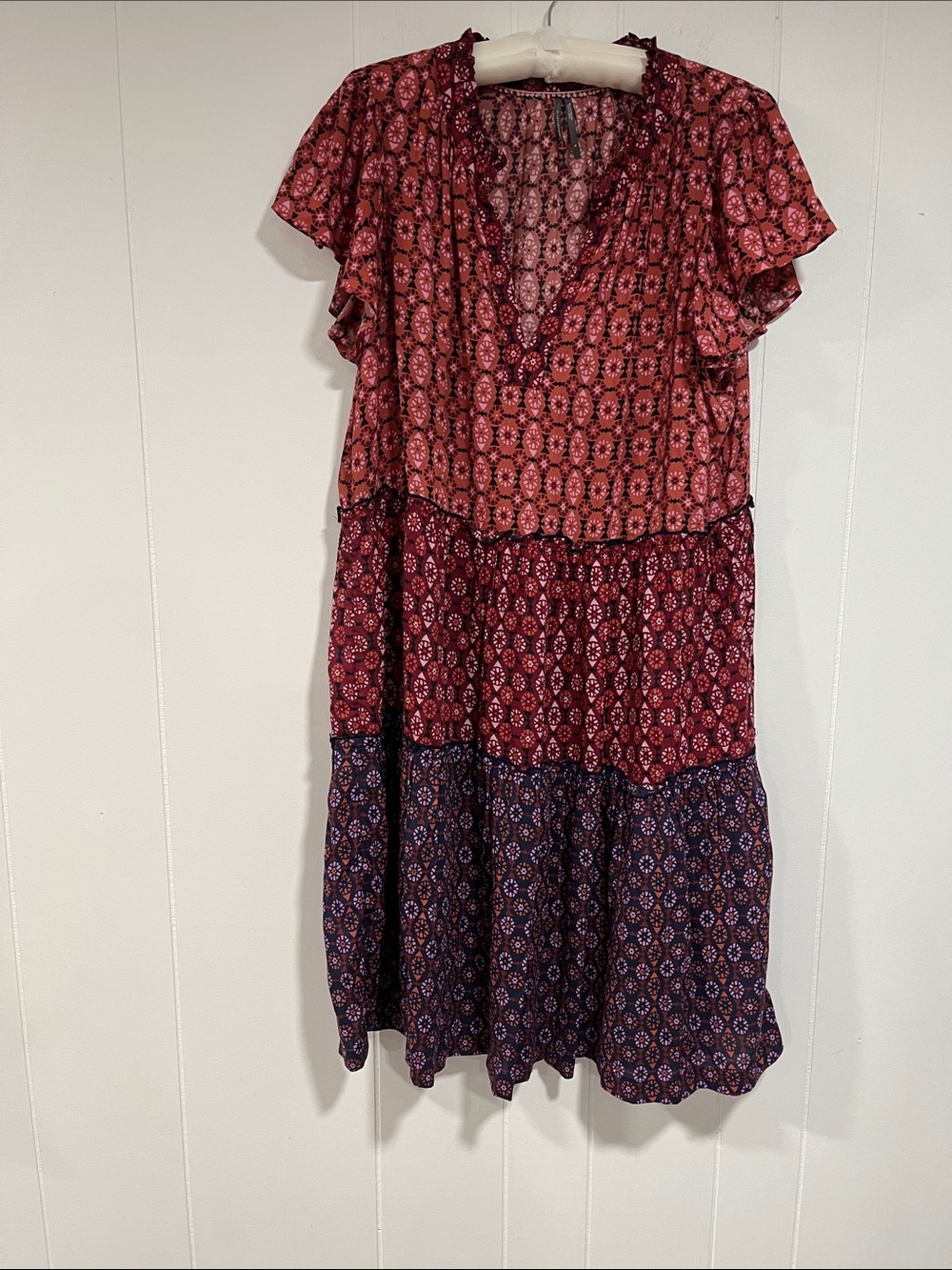 Anthropologie Floral Tiered Short-Sleeve Midi Dress - Red XL boho - Picture 4 of 10